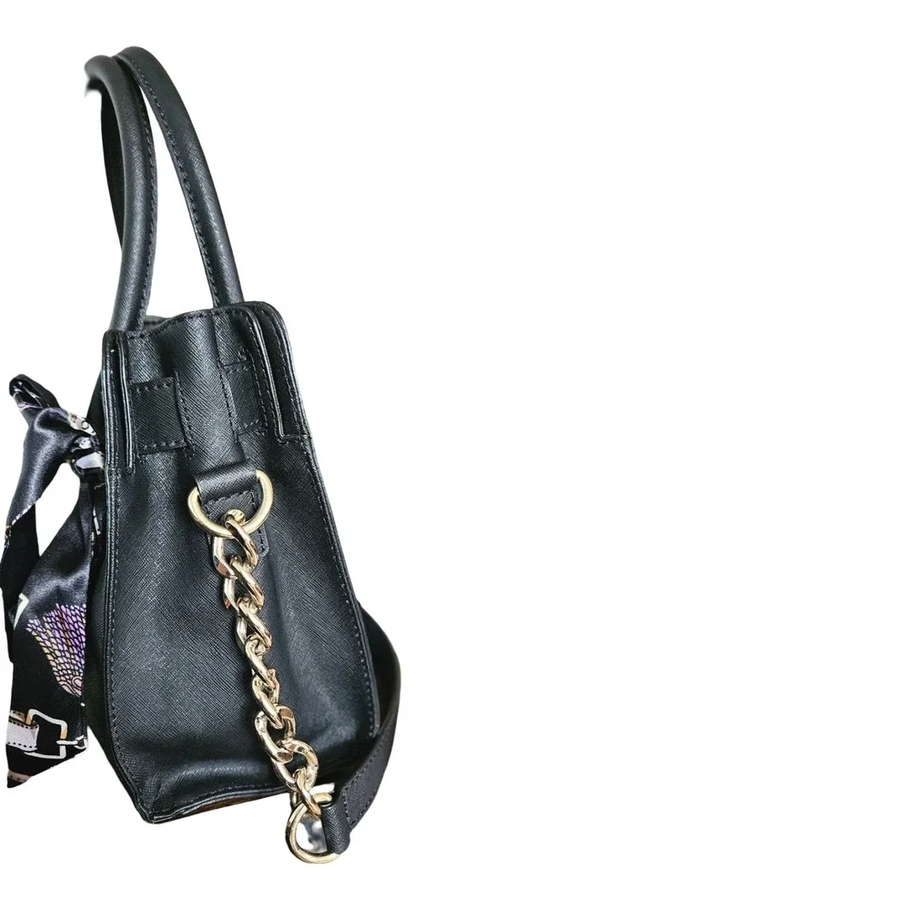 Michael Kors Hamilton Satchel Black Saffiano Leather Gold Hardware Handbag Scarf